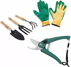 Gardening Tools - Reusable Rubber Gloves, Flower Cutter/Scissor & Garden Tool Wooden Handle